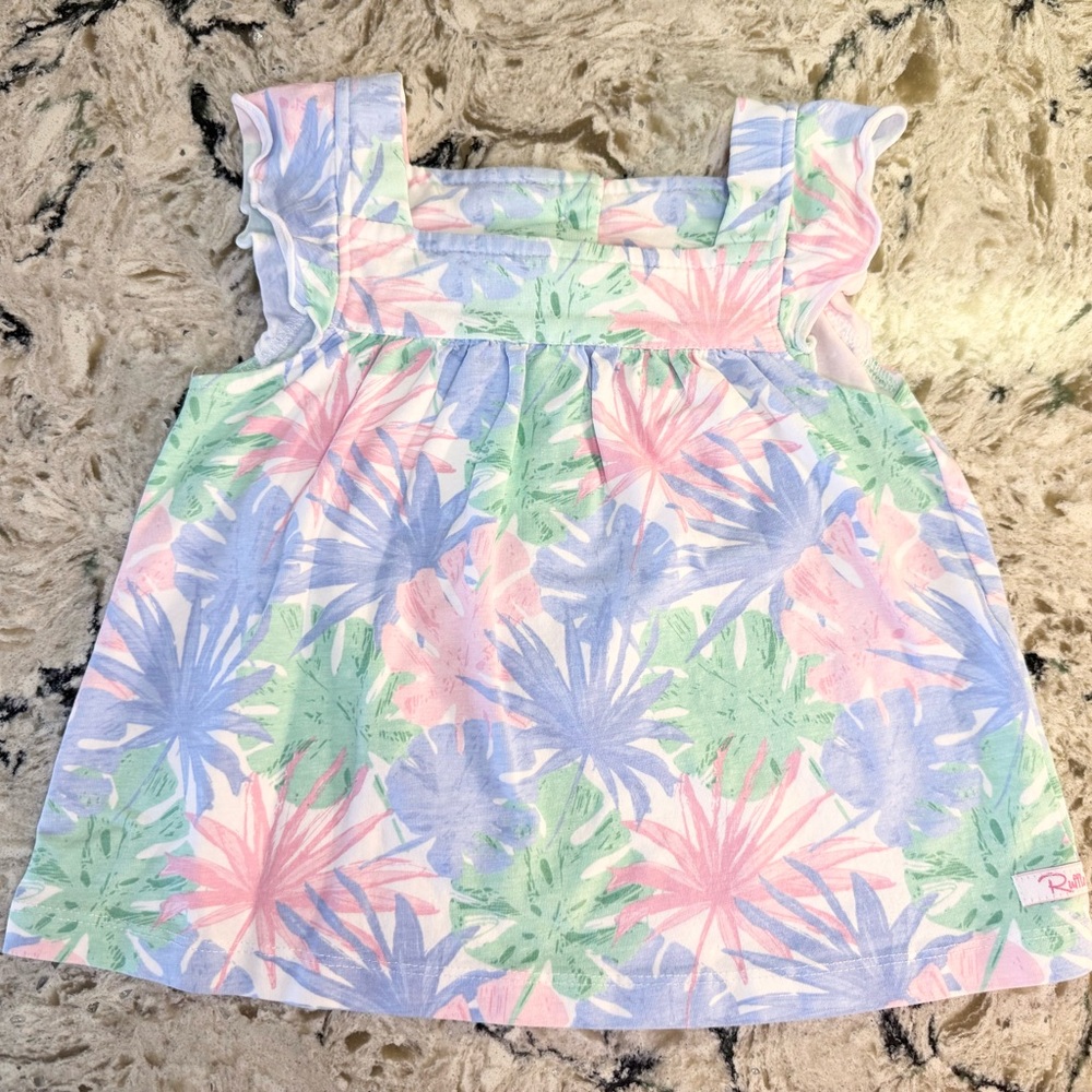 RuffleButts Pink, Periwinkle and Green Palm Leaf Tropical Top
